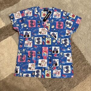 Absolute Women Scrub Top Blue Cartoon Cat Dog Medical Vet Print VNeck Medium NWT